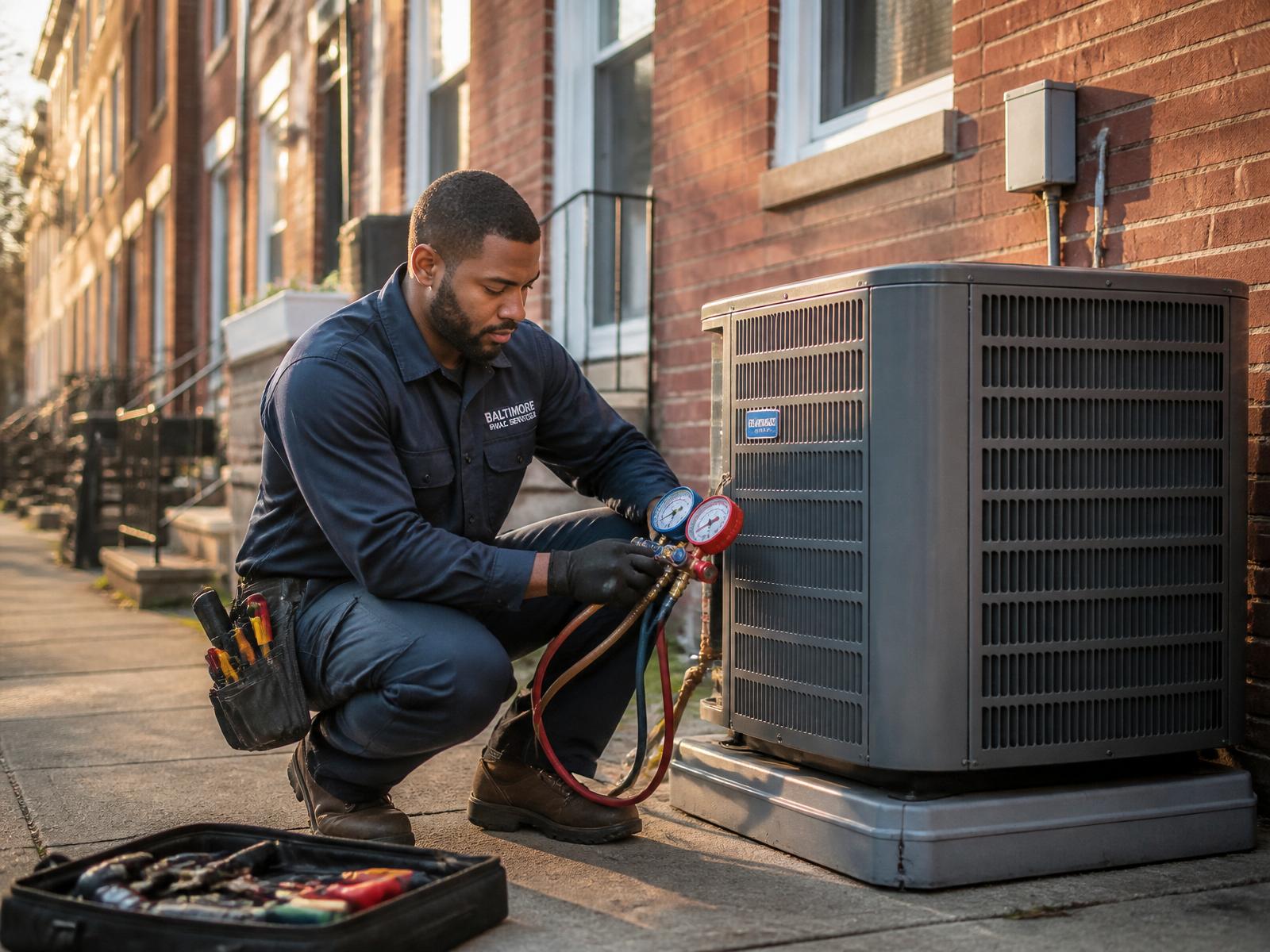 El Potro HVAC technician servicing an outdoor AC unit at a Baltimore rowhouse
